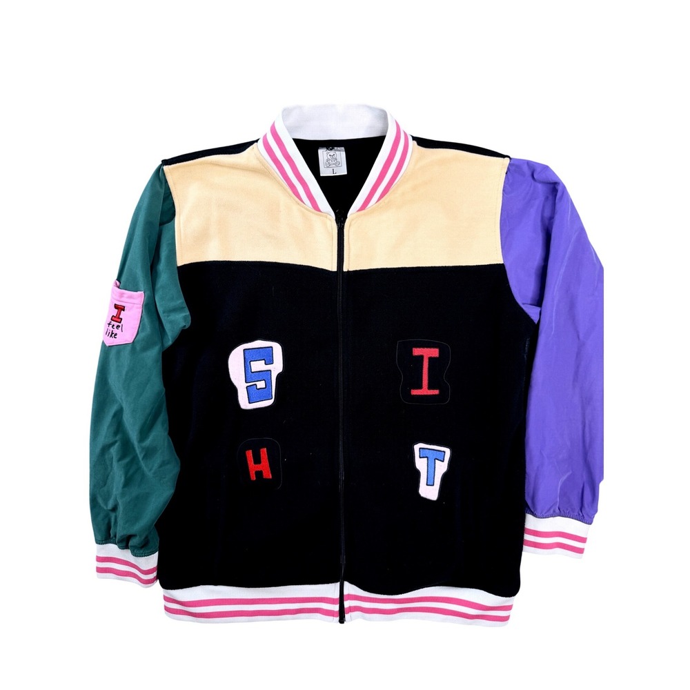 Teddy Fresh Colorblock Fleece Bomber Jacket Mens Large Black Purple Green Zip Up
